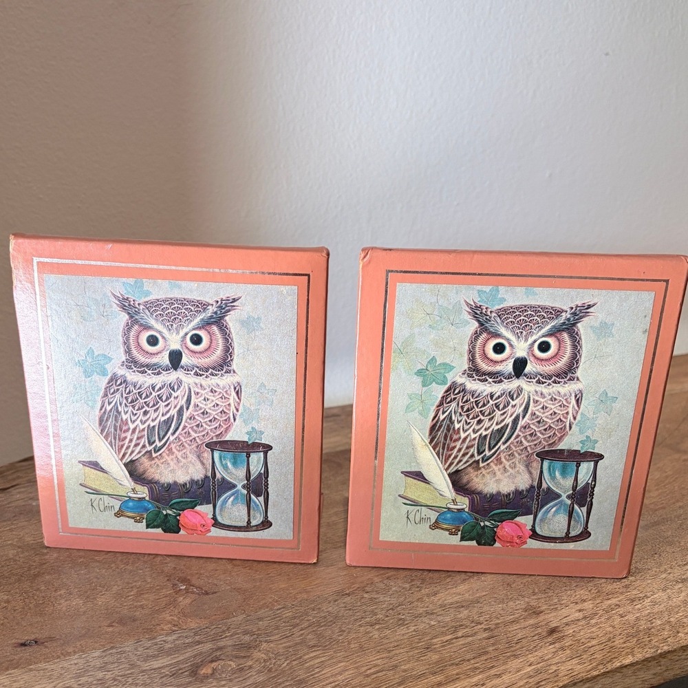 Vintage Stylecraft Owl Bookends K.‎ Chin Pink Metal Desk Library Decor MCM AS IS